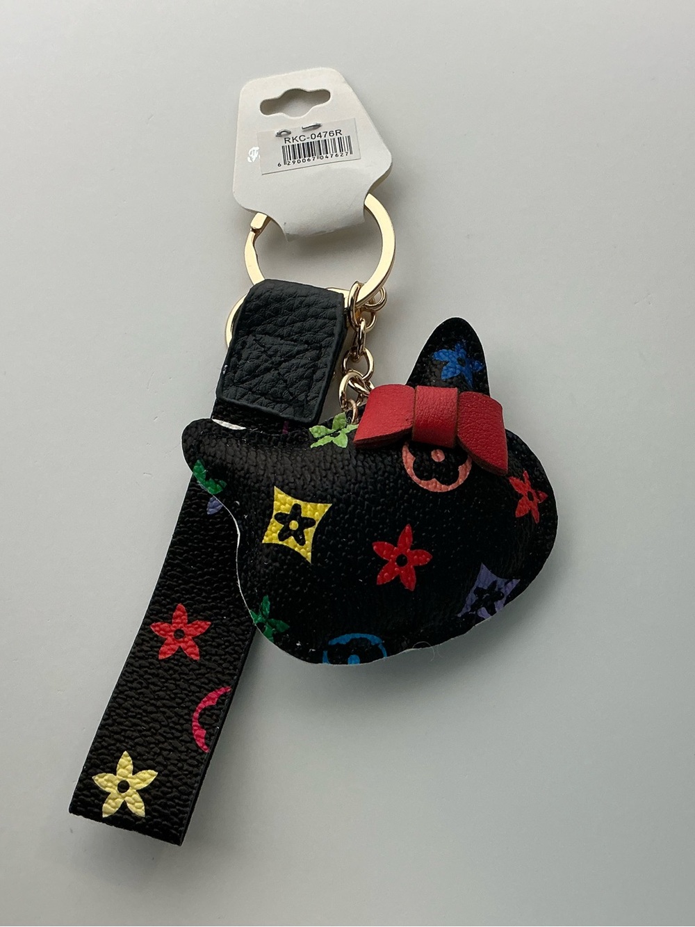 Black Cat Head Keychain with Colorful Stars and Red Bow - Women’s Accessories